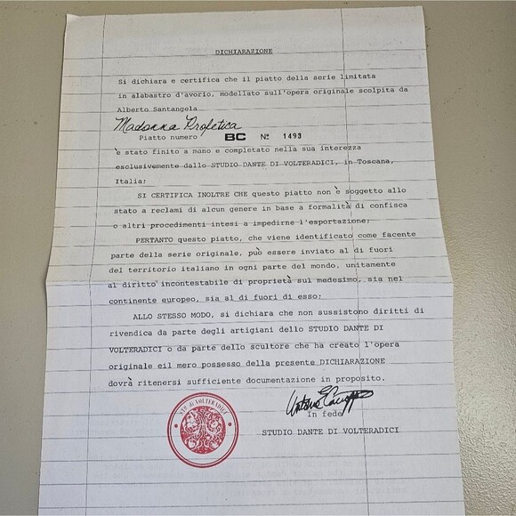 NIB Plate “Prophetic Madonna” Alberto Santangela Ivory Alabaster 1981 - Picture 4 of 8